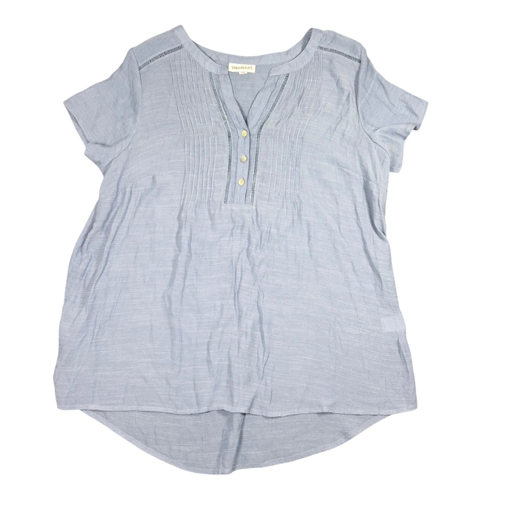 Westport Womens 1X Blue Pintuck Henley Blouse Short Sleeve Ladder Lace Top